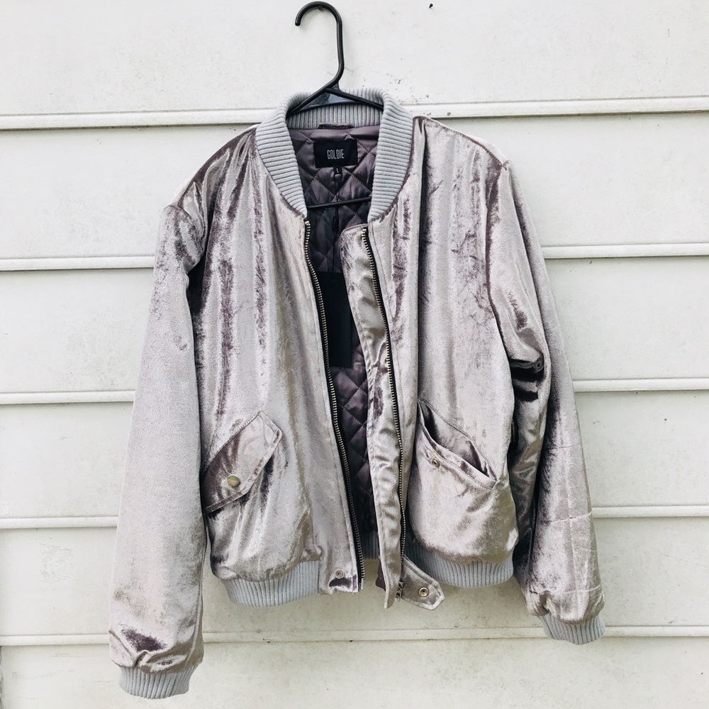 Goldie brand Silver Velvet Bomber Jacket